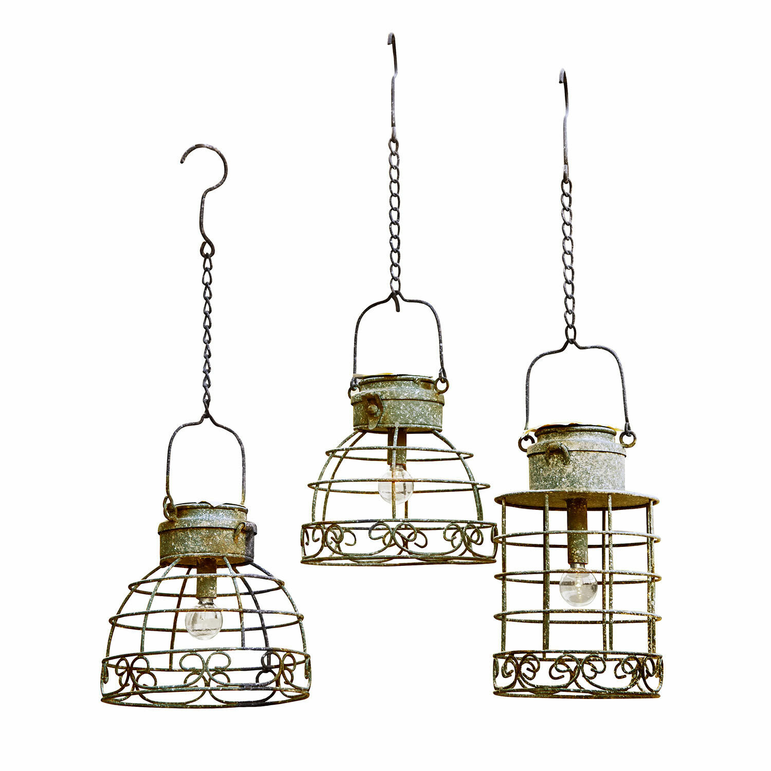 Solární svítilny, 3dílná sada Yirevol Sada tří závěsných kovových lamp ve vintage stylu zelenošedé barvy s mřížkovým designem, dekorativní osvětlení