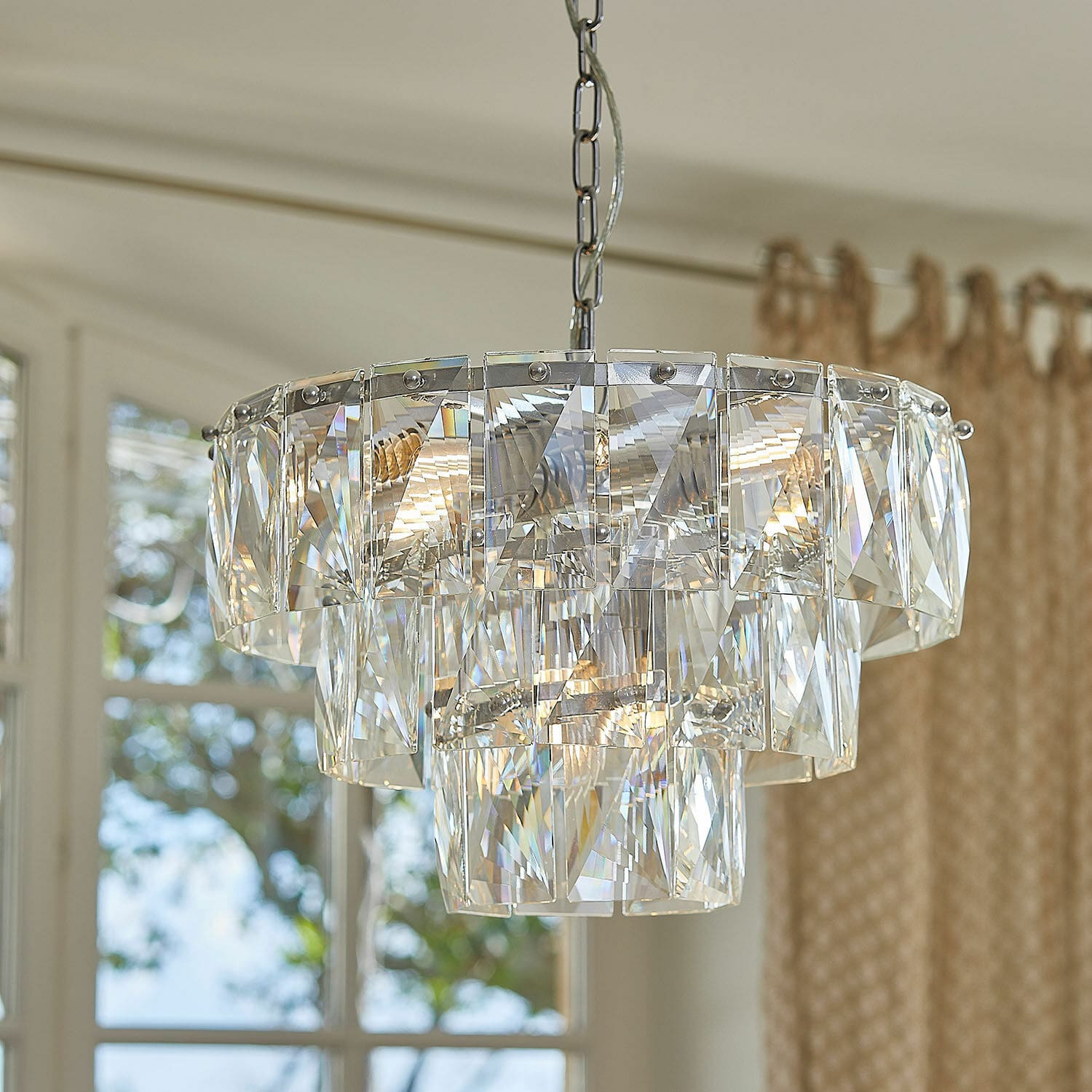 Lustr Crystalford Závěsná lampa z čirého skla s krystalovými panely, moderní osvětlení do obývacího pokoje