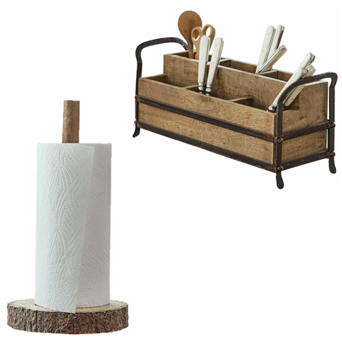 Dřevěný stojan na papírové utěrky s přírodním dřevem a kovový vintage organizér na příbory