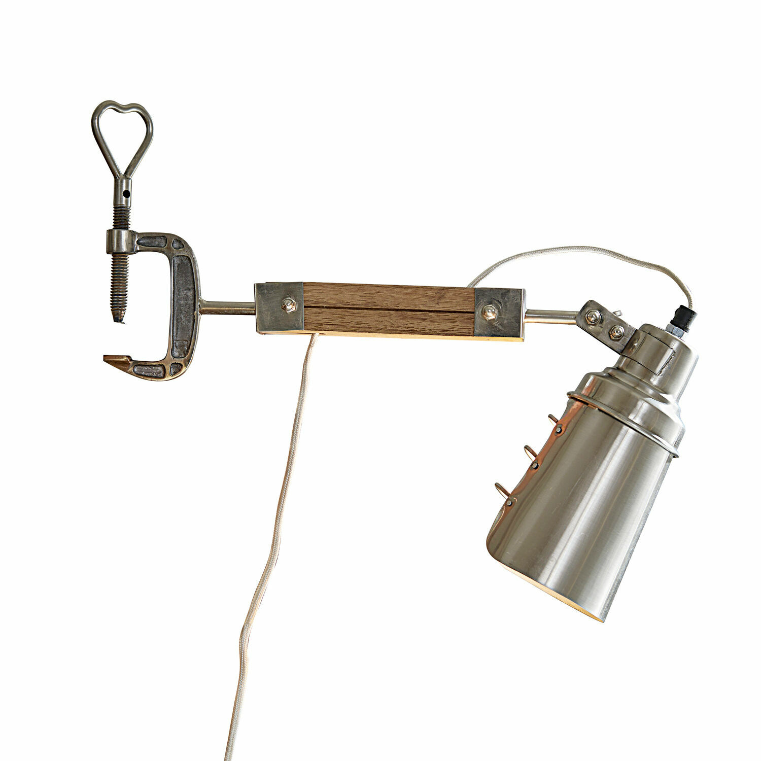 Lampa s klipem Lewiston Nástěnná kovová lampa se svorkou a dřevěnou rukojetí ve stříbrné barvě pro montáž na zeď