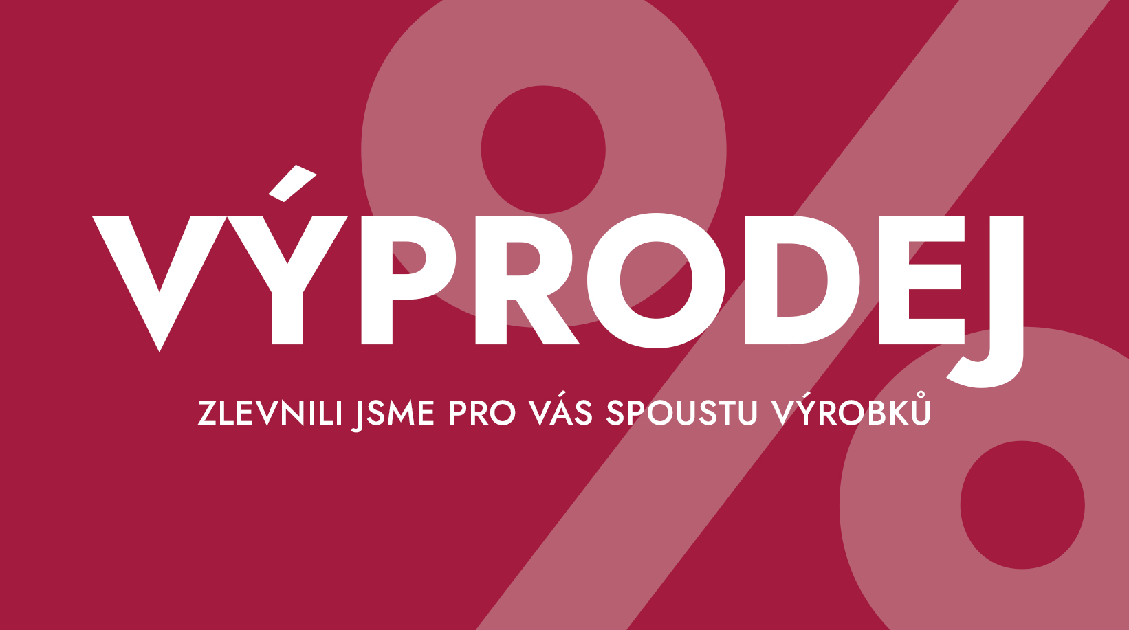Červené pozadí s nápisem výprodej a informací o slevách na mnoho produktů v e-shopu