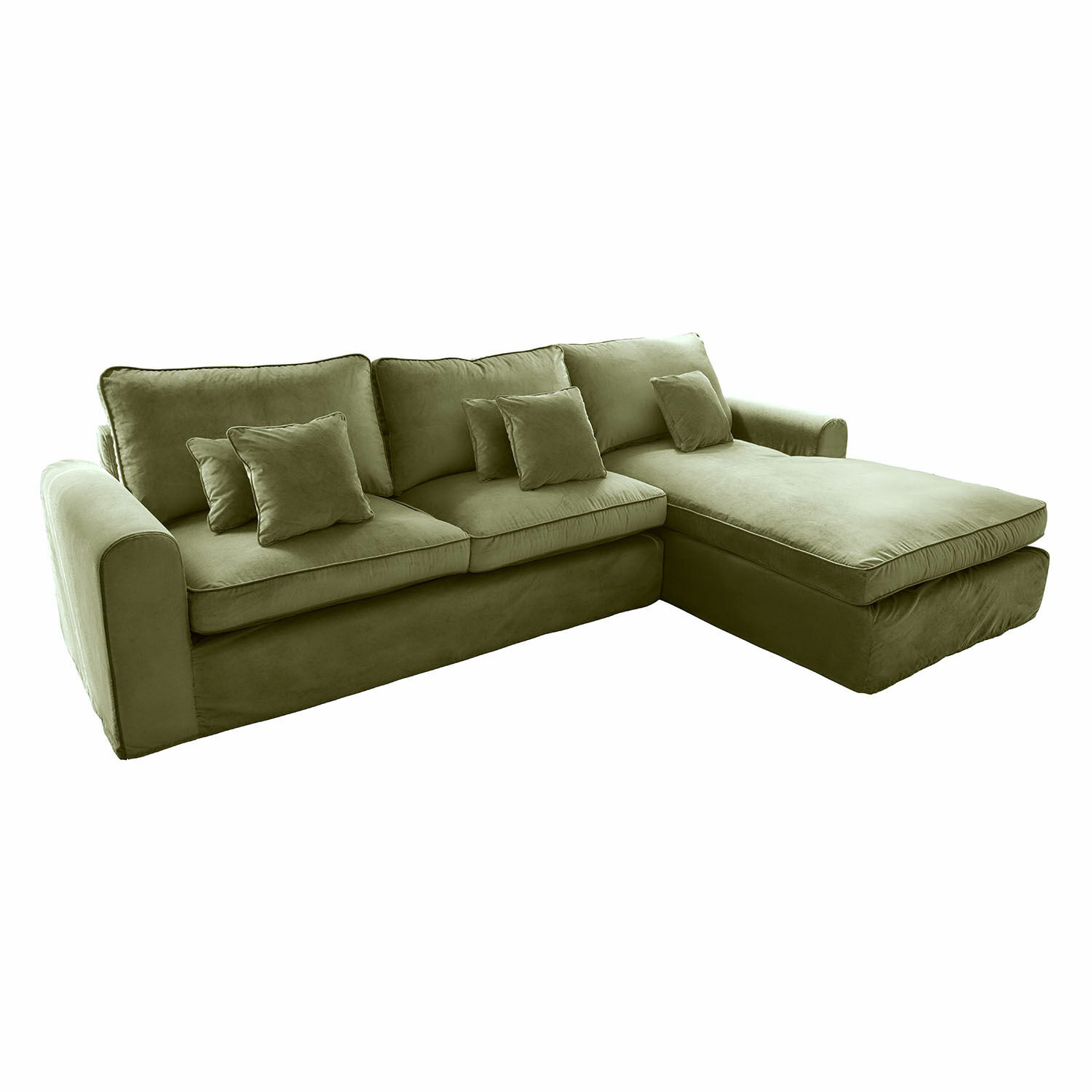 Rohová pohovka z měkkého zeleného sametu s polštáři, pohodlný nábytek do obýváku