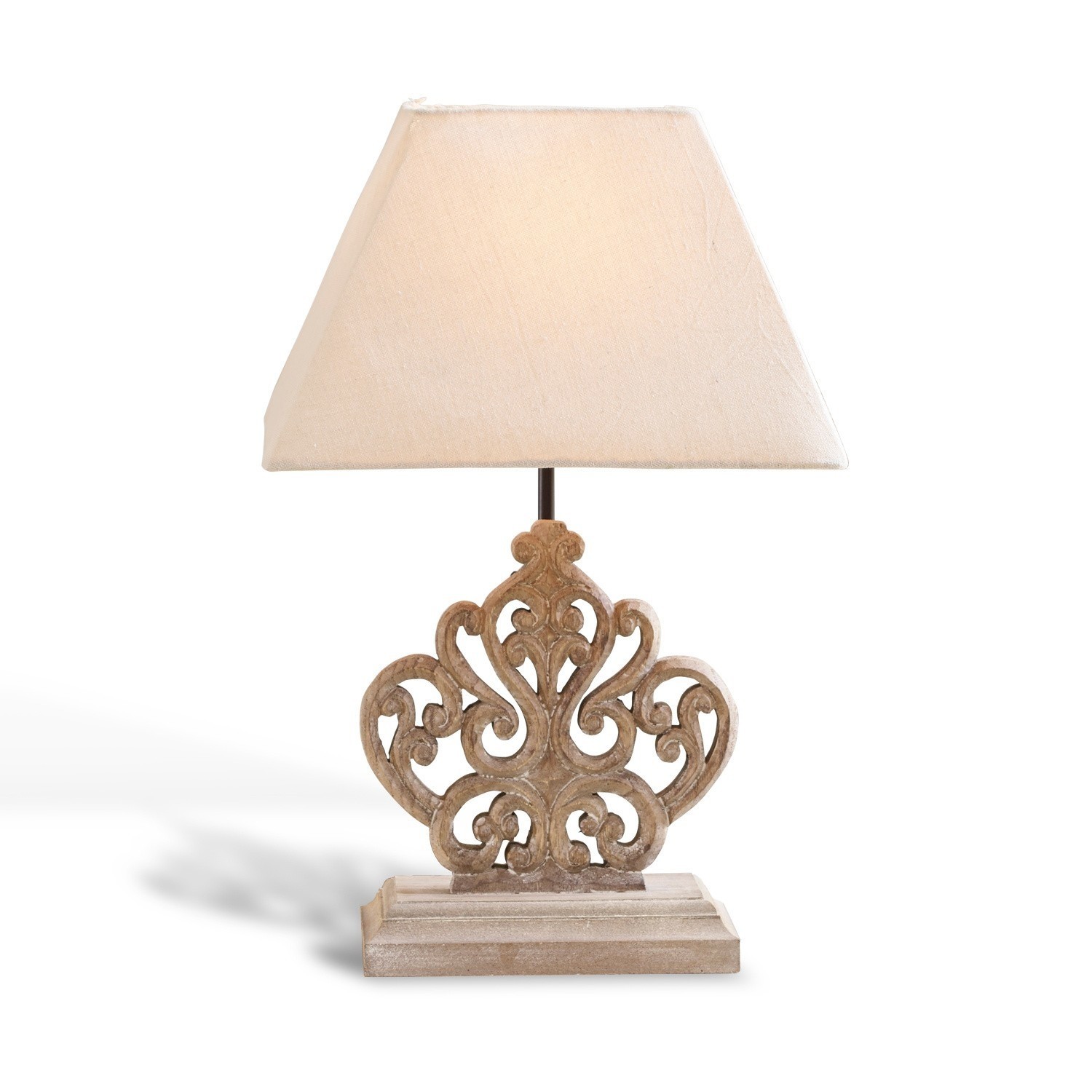 Stolní lampa Tamee Stolní lampa s béžovým stínidlem a vyřezávanou dřevěnou základnou ve vintage stylu