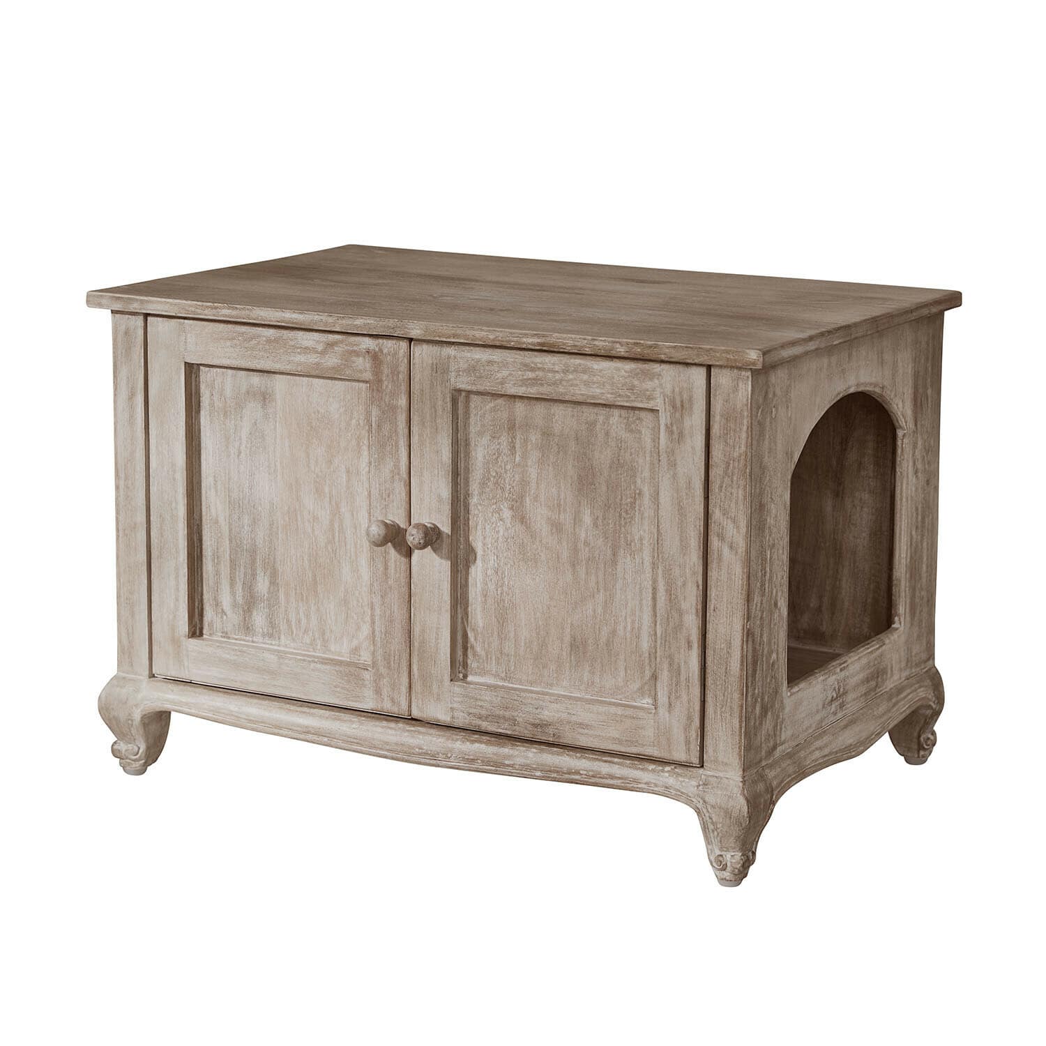 Domeček pro kočky Éloresa Dřevěná vintage komoda světle hnědé barvy se dvěma dveřmi a ozdobnými nohami do obýváku