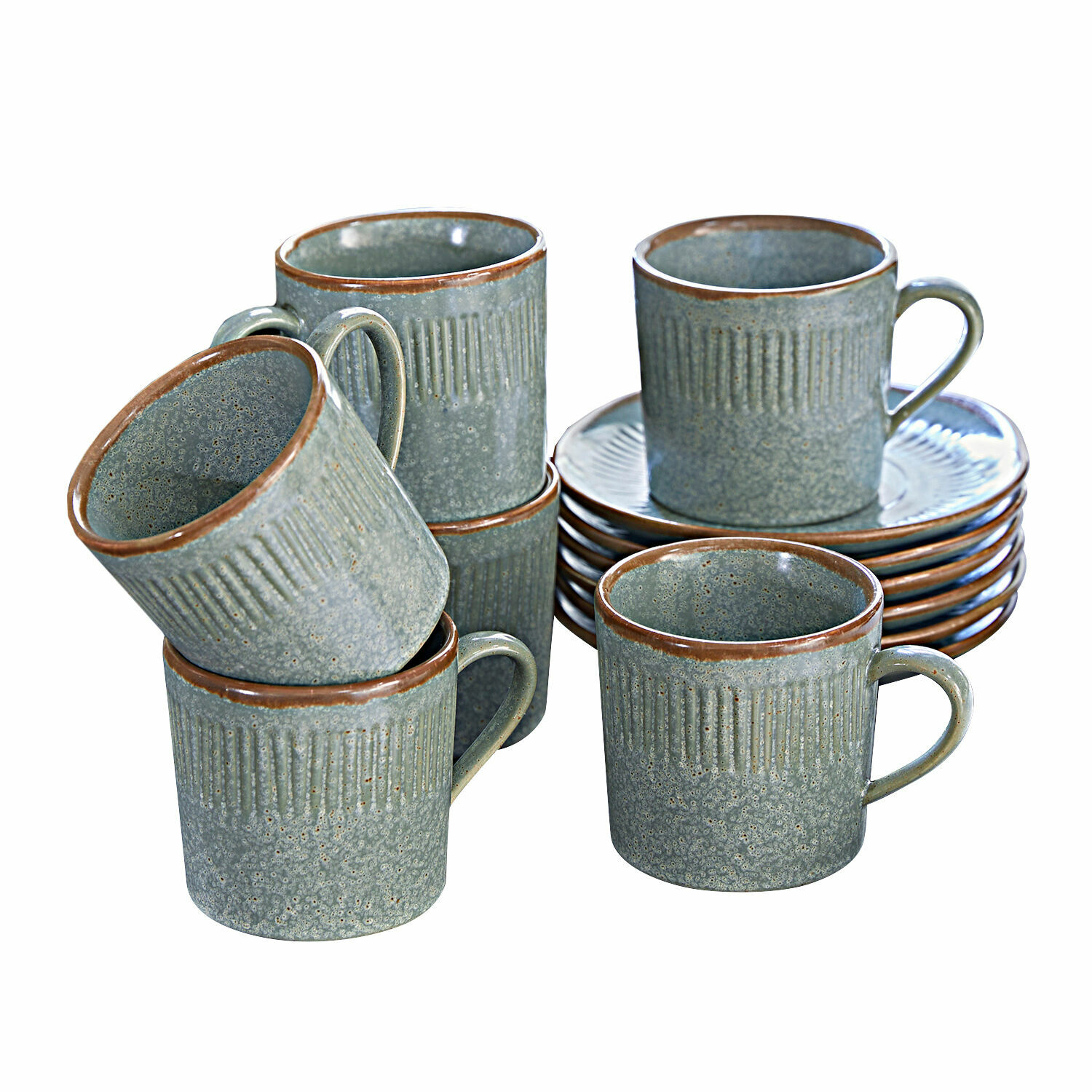 Sada 6 keramických tyrkysovo-hnědých šálků s podšálky s texturovaným povrchem