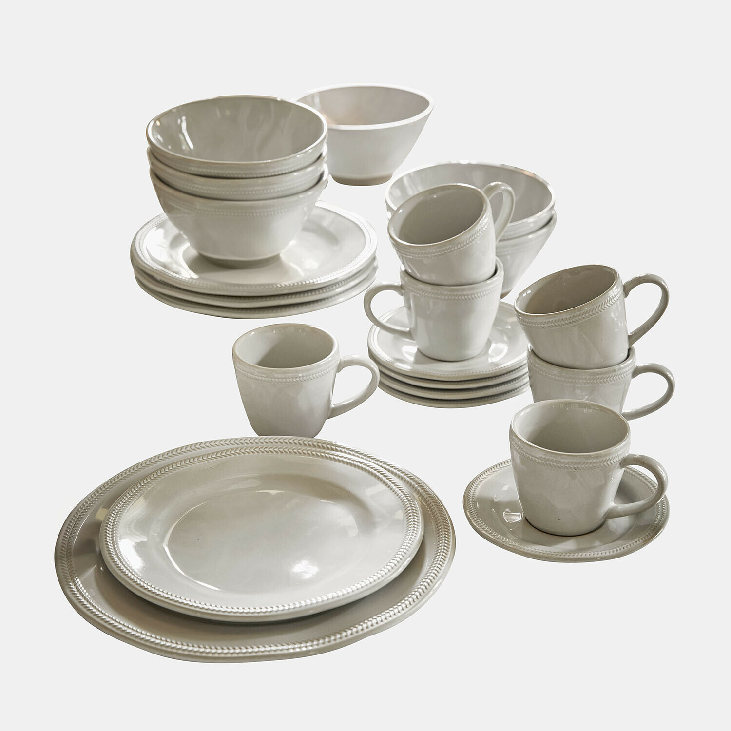 Nádobí, 30dílná sada Norrvik Sada bílého porcelánového nádobí s talíři, šálky a miskami s jemným zdobením
