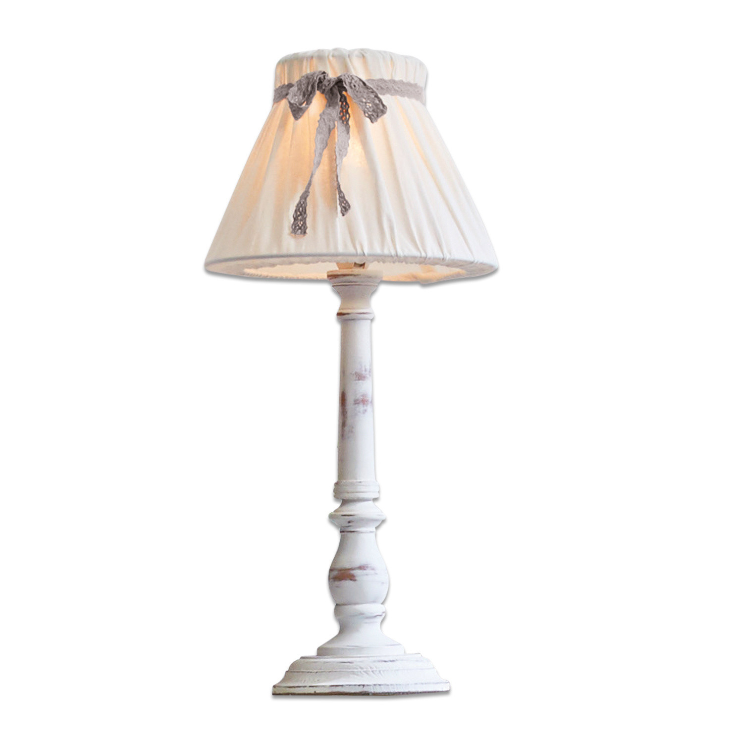 Stolní lampa Valentin Bílá dřevěná stolní lampa s látkovým stínidlem a šedou mašlí, dekorativní lampa do obýváku