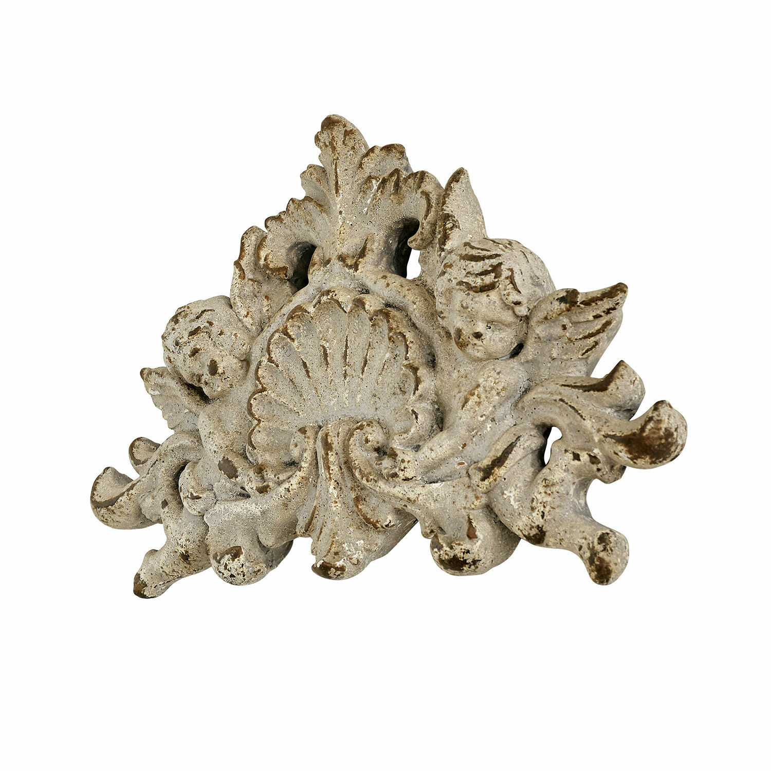 Nástěnný ornament Gordian Dekorativní ornament s andílky z bílé patinované pryskyřice pro vintage interiér