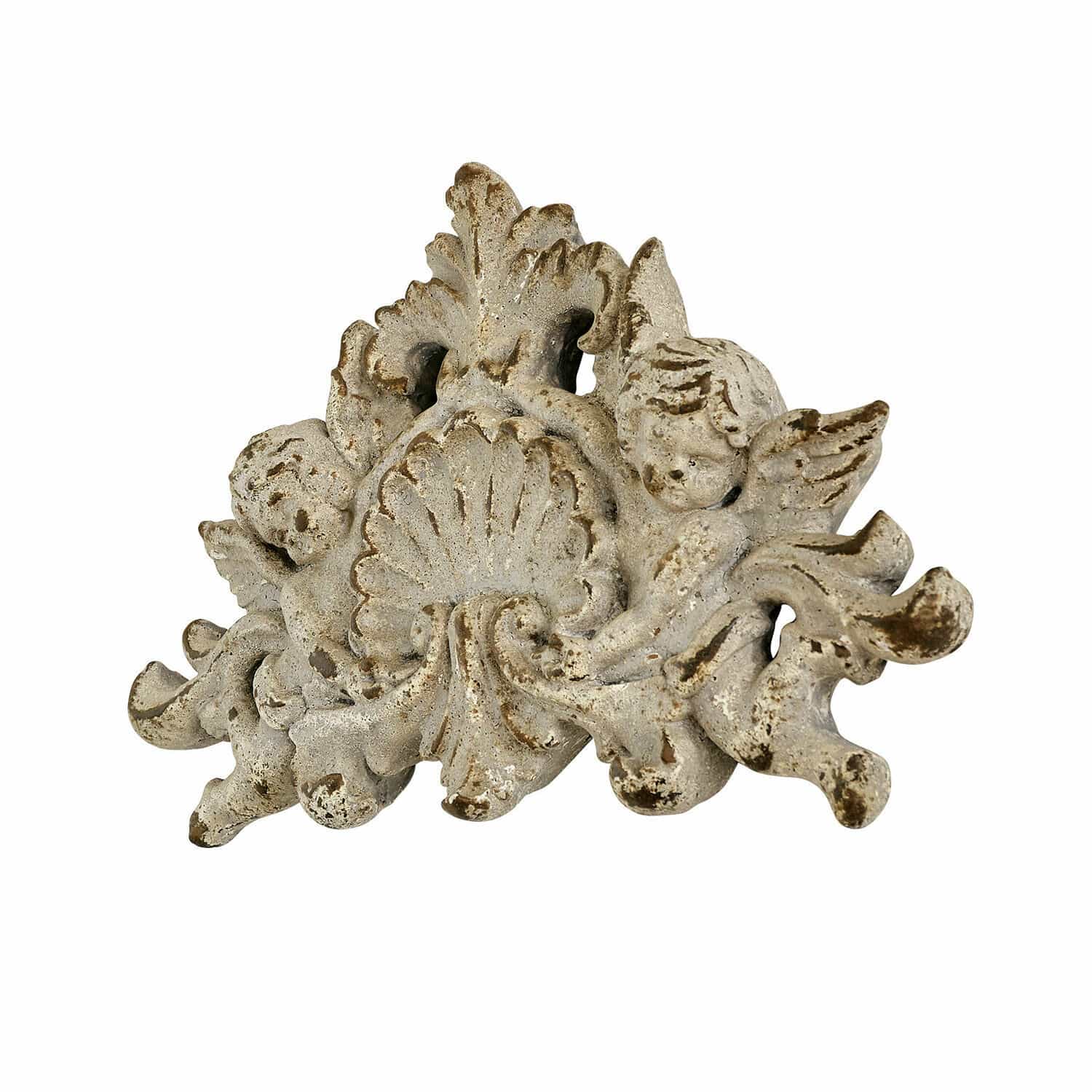 Nástěnný ornament Gordian Dekorativní ornament s andílky z bílé patinované pryskyřice pro vintage interiér
