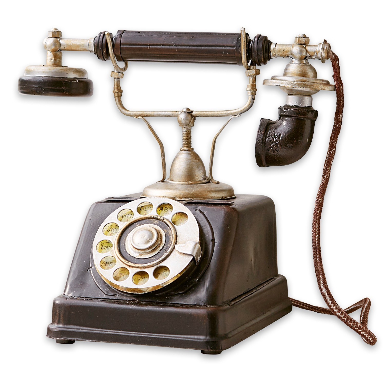 Dekorace – telefon Upavon Starý černý otočný telefon s kovovými prvky a hnědým kabelem pro vintage dekoraci